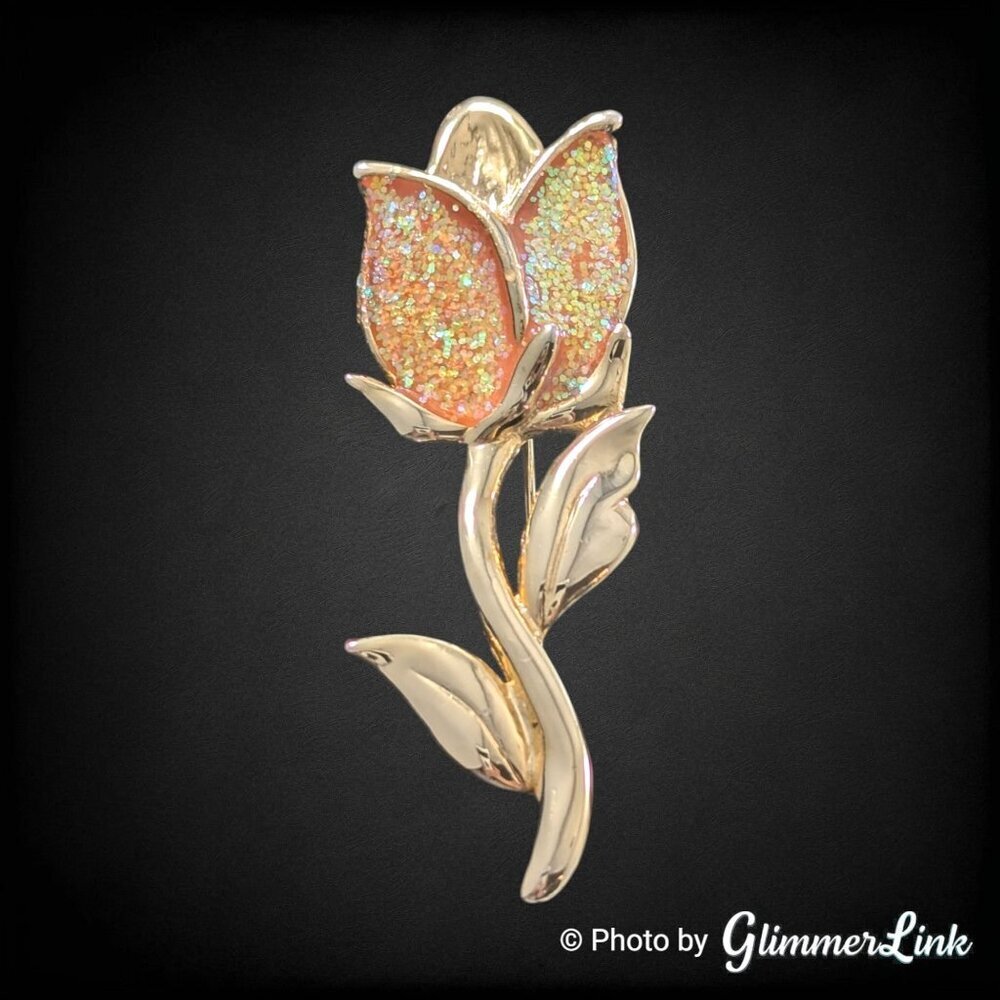 Vintage Peach Enamel Tulip Brooch Gold Tone Glitter Flower Pin